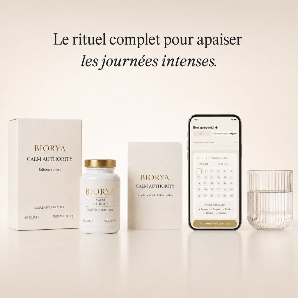Rituel BIORYA : coffret, flacon CALM AUTHORITY et application journal